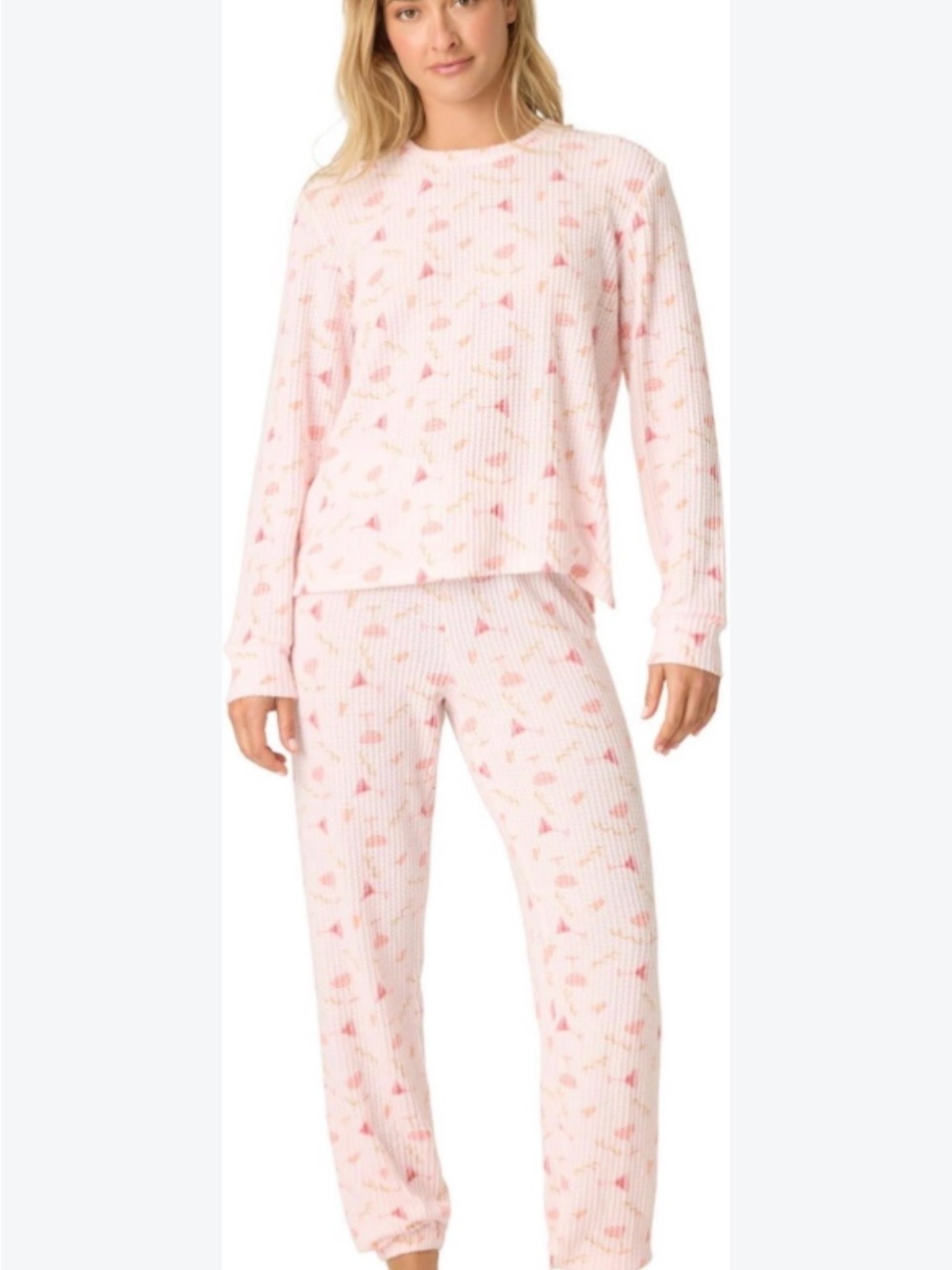 PJ Salvage pink l new petal pink long sleeve pajamas wine glasses